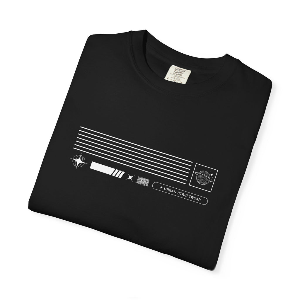 BlakRoad Minimalist Graphic T‑Shirt — Front Tech Lines & Vertical Back Logo